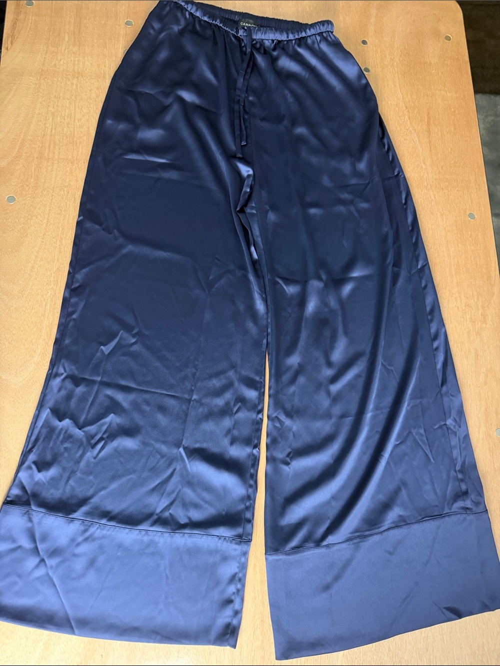 Carbon38 Navy Wide-Leg Satin Drawstring Pants